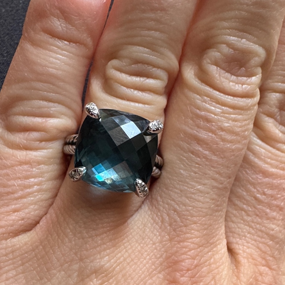 David Yurman Sterling Silver Ring with Teal Cushion-Cut Gemstone
